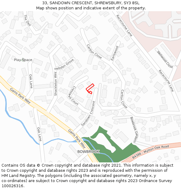 33, SANDOWN CRESCENT, SHREWSBURY, SY3 8SL: Location map and indicative extent of plot