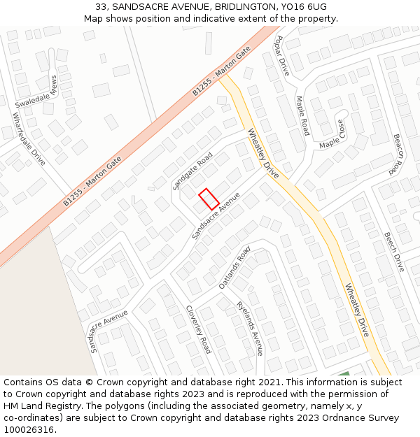 33, SANDSACRE AVENUE, BRIDLINGTON, YO16 6UG: Location map and indicative extent of plot