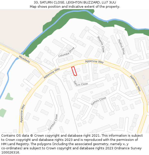 33, SATURN CLOSE, LEIGHTON BUZZARD, LU7 3UU: Location map and indicative extent of plot