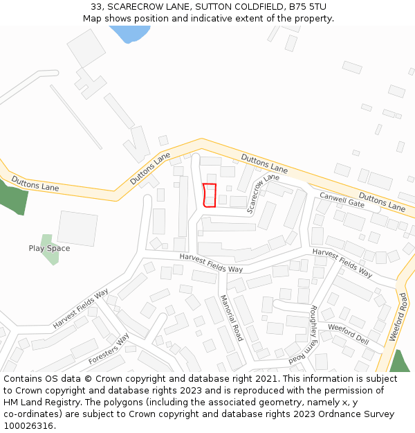 33, SCARECROW LANE, SUTTON COLDFIELD, B75 5TU: Location map and indicative extent of plot