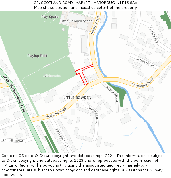 33, SCOTLAND ROAD, MARKET HARBOROUGH, LE16 8AX: Location map and indicative extent of plot