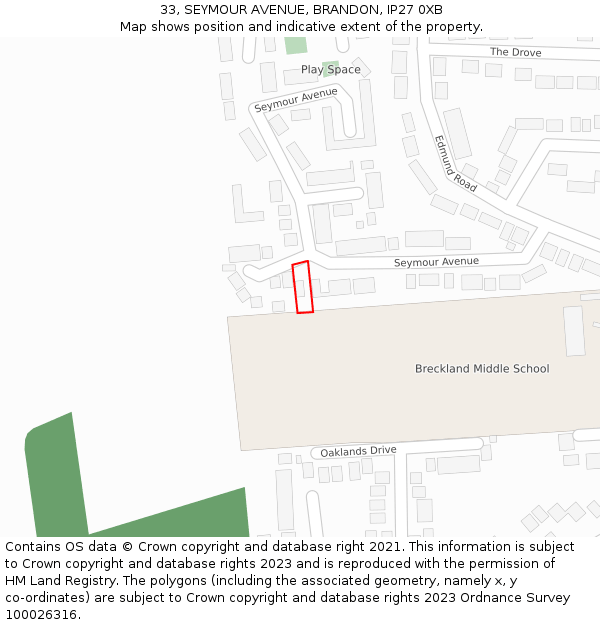 33, SEYMOUR AVENUE, BRANDON, IP27 0XB: Location map and indicative extent of plot