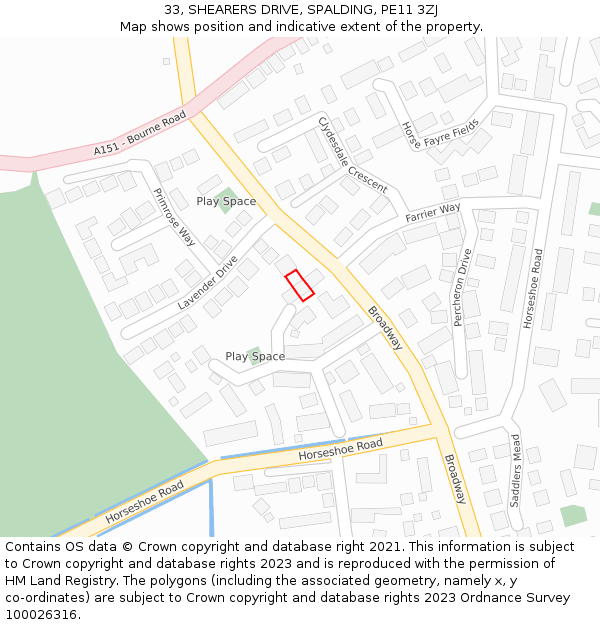 33, SHEARERS DRIVE, SPALDING, PE11 3ZJ: Location map and indicative extent of plot