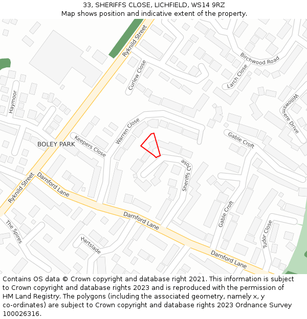 33, SHERIFFS CLOSE, LICHFIELD, WS14 9RZ: Location map and indicative extent of plot