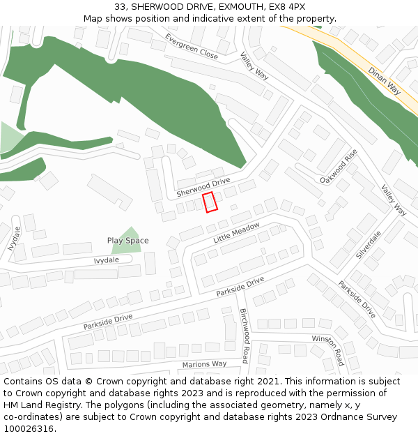 33, SHERWOOD DRIVE, EXMOUTH, EX8 4PX: Location map and indicative extent of plot