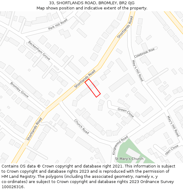 33, SHORTLANDS ROAD, BROMLEY, BR2 0JG: Location map and indicative extent of plot