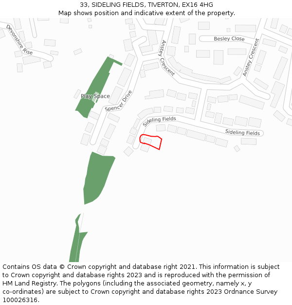 33, SIDELING FIELDS, TIVERTON, EX16 4HG: Location map and indicative extent of plot