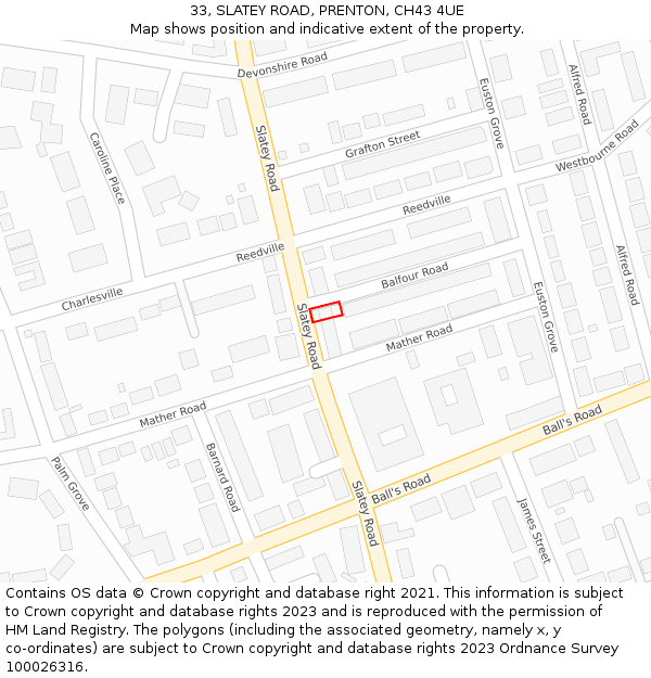 33, SLATEY ROAD, PRENTON, CH43 4UE: Location map and indicative extent of plot