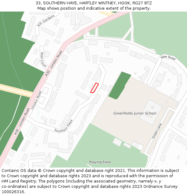 33, SOUTHERN HAYE, HARTLEY WINTNEY, HOOK, RG27 8TZ: Location map and indicative extent of plot