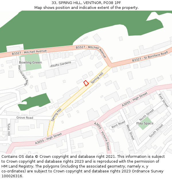 33, SPRING HILL, VENTNOR, PO38 1PF: Location map and indicative extent of plot