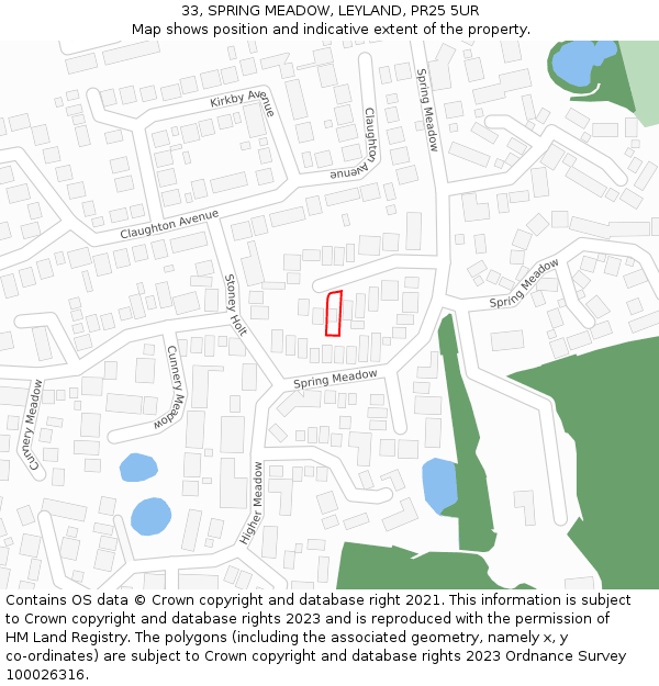 33, SPRING MEADOW, LEYLAND, PR25 5UR: Location map and indicative extent of plot