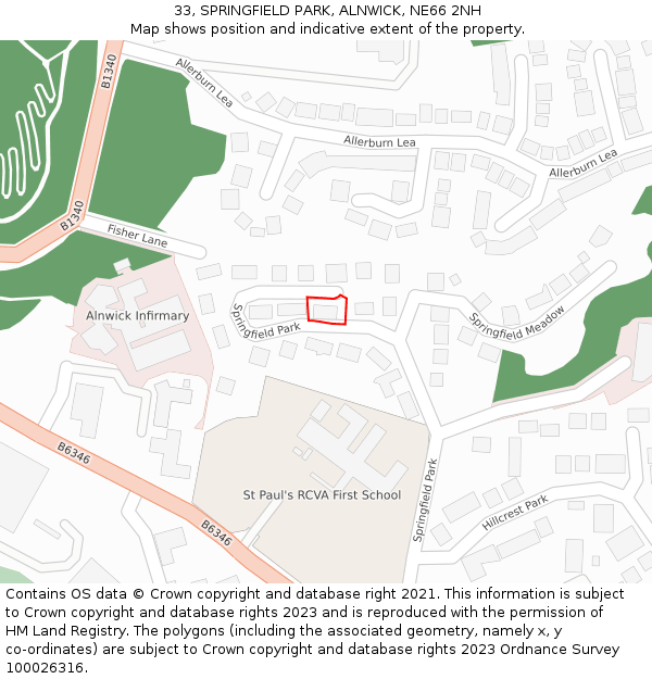 33, SPRINGFIELD PARK, ALNWICK, NE66 2NH: Location map and indicative extent of plot
