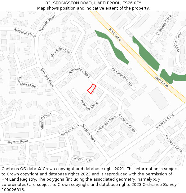 33, SPRINGSTON ROAD, HARTLEPOOL, TS26 0EY: Location map and indicative extent of plot