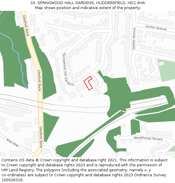 33, SPRINGWOOD HALL GARDENS, HUDDERSFIELD, HD1 4HA: Location map and indicative extent of plot