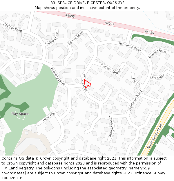 33, SPRUCE DRIVE, BICESTER, OX26 3YF: Location map and indicative extent of plot