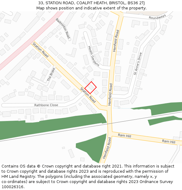 33, STATION ROAD, COALPIT HEATH, BRISTOL, BS36 2TJ: Location map and indicative extent of plot