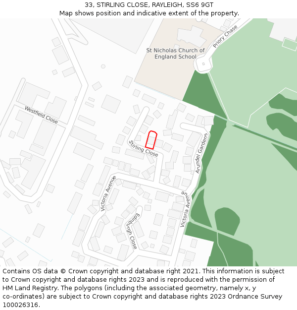 33, STIRLING CLOSE, RAYLEIGH, SS6 9GT: Location map and indicative extent of plot