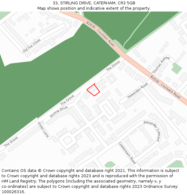 33, STIRLING DRIVE, CATERHAM, CR3 5GB: Location map and indicative extent of plot