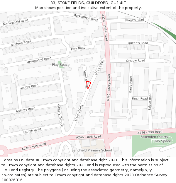 33, STOKE FIELDS, GUILDFORD, GU1 4LT: Location map and indicative extent of plot