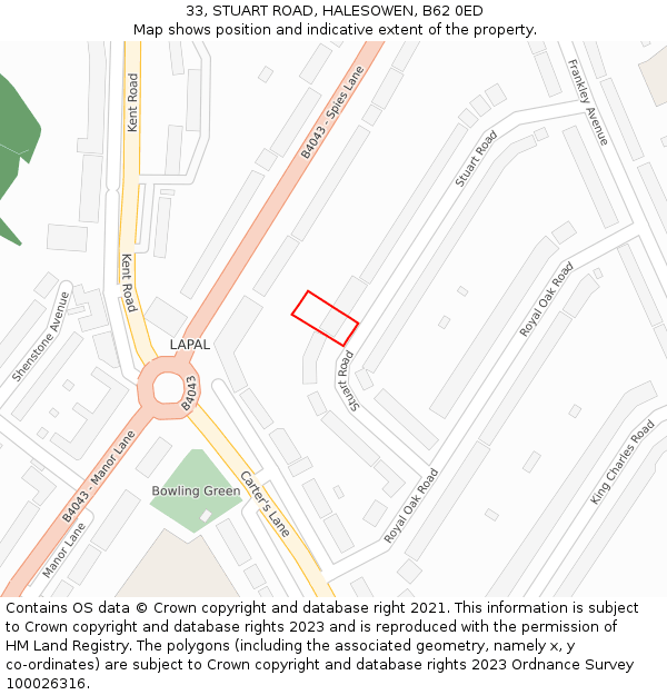 33, STUART ROAD, HALESOWEN, B62 0ED: Location map and indicative extent of plot