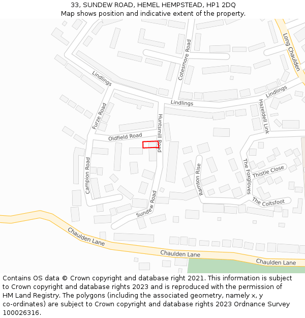 33, SUNDEW ROAD, HEMEL HEMPSTEAD, HP1 2DQ: Location map and indicative extent of plot