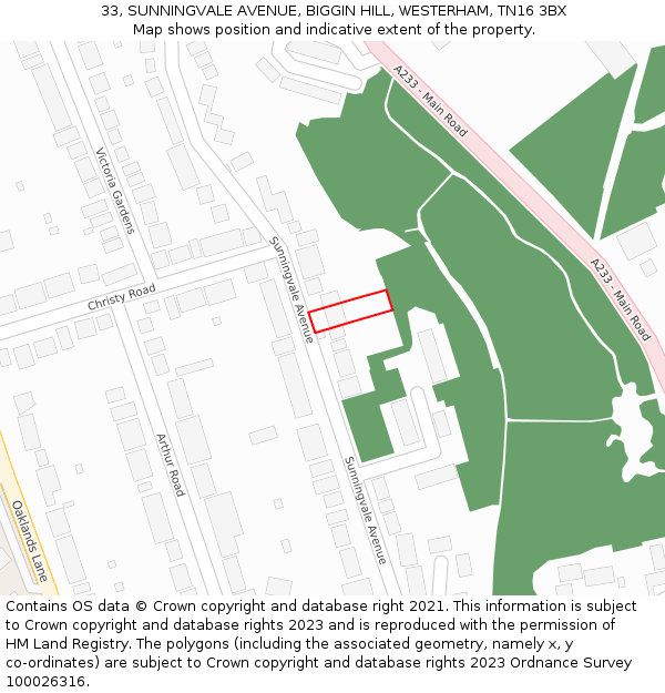 33, SUNNINGVALE AVENUE, BIGGIN HILL, WESTERHAM, TN16 3BX: Location map and indicative extent of plot