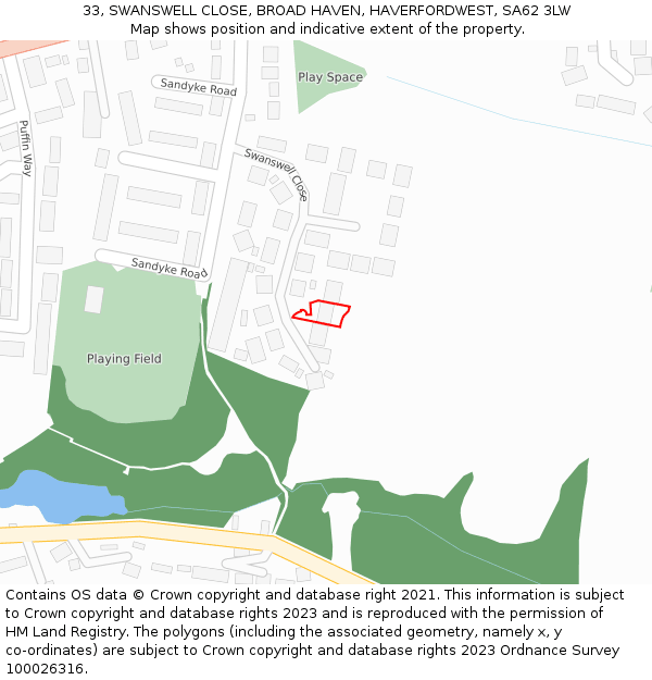 33, SWANSWELL CLOSE, BROAD HAVEN, HAVERFORDWEST, SA62 3LW: Location map and indicative extent of plot