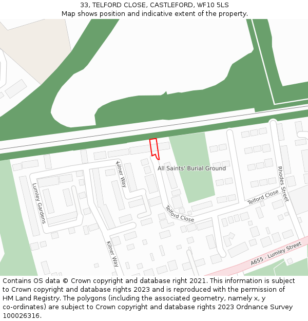 33, TELFORD CLOSE, CASTLEFORD, WF10 5LS: Location map and indicative extent of plot