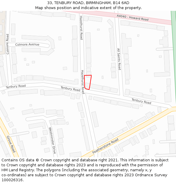 33, TENBURY ROAD, BIRMINGHAM, B14 6AD: Location map and indicative extent of plot