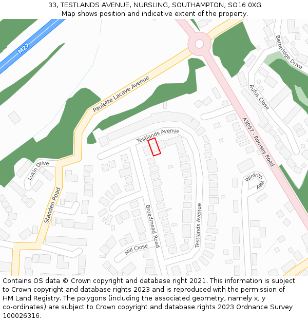 33, TESTLANDS AVENUE, NURSLING, SOUTHAMPTON, SO16 0XG: Location map and indicative extent of plot