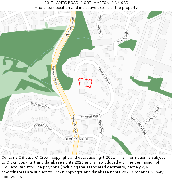 33, THAMES ROAD, NORTHAMPTON, NN4 0RD: Location map and indicative extent of plot