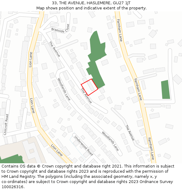 33, THE AVENUE, HASLEMERE, GU27 1JT: Location map and indicative extent of plot