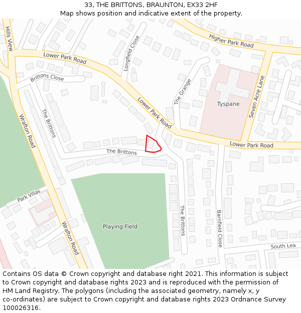 33, THE BRITTONS, BRAUNTON, EX33 2HF: Location map and indicative extent of plot