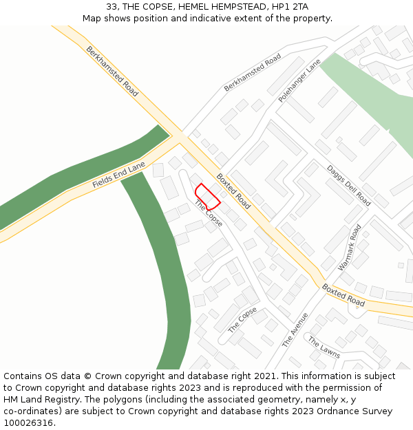 33, THE COPSE, HEMEL HEMPSTEAD, HP1 2TA: Location map and indicative extent of plot