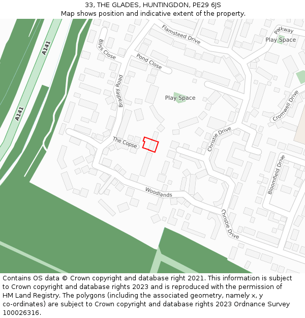 33, THE GLADES, HUNTINGDON, PE29 6JS: Location map and indicative extent of plot