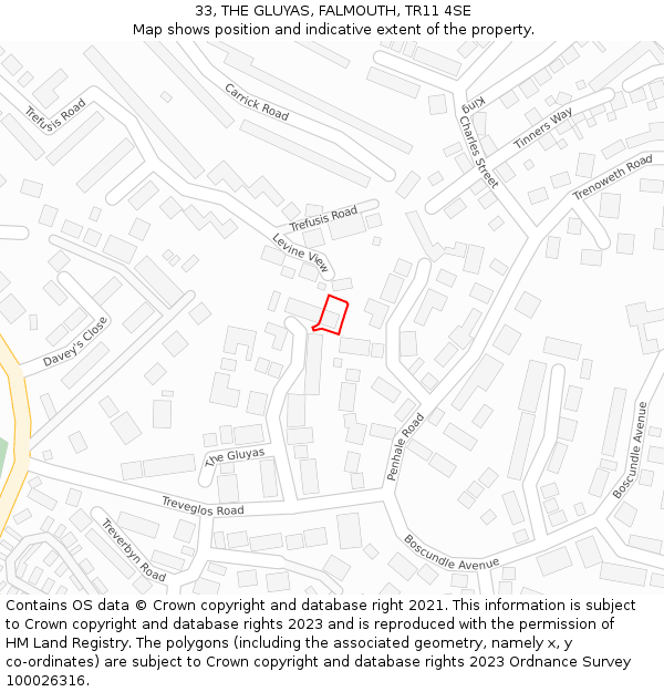 33, THE GLUYAS, FALMOUTH, TR11 4SE: Location map and indicative extent of plot