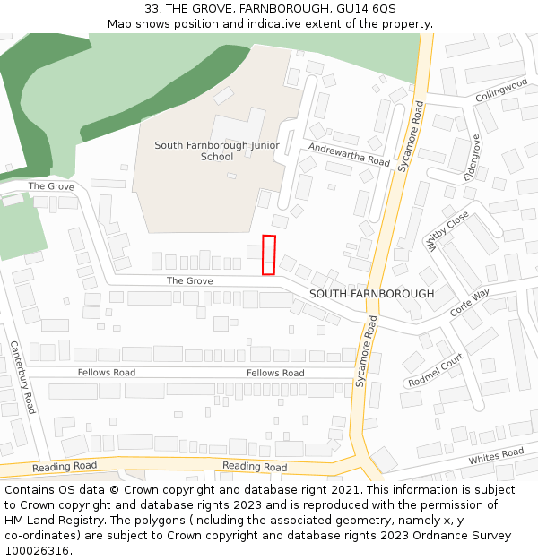 33, THE GROVE, FARNBOROUGH, GU14 6QS: Location map and indicative extent of plot