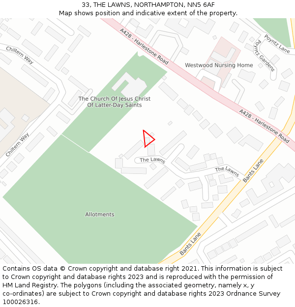 33, THE LAWNS, NORTHAMPTON, NN5 6AF: Location map and indicative extent of plot
