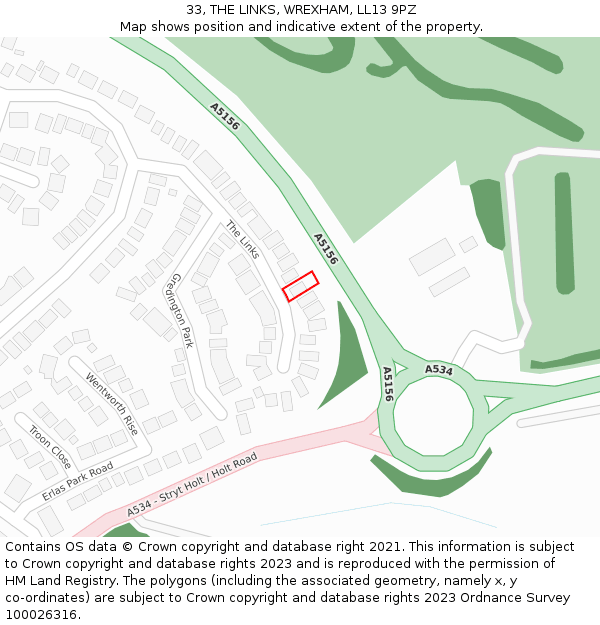 33, THE LINKS, WREXHAM, LL13 9PZ: Location map and indicative extent of plot