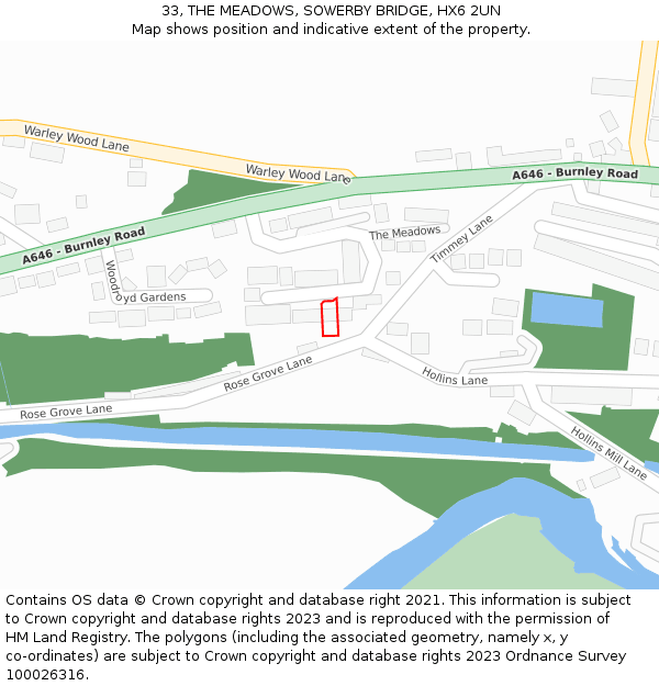 33, THE MEADOWS, SOWERBY BRIDGE, HX6 2UN: Location map and indicative extent of plot