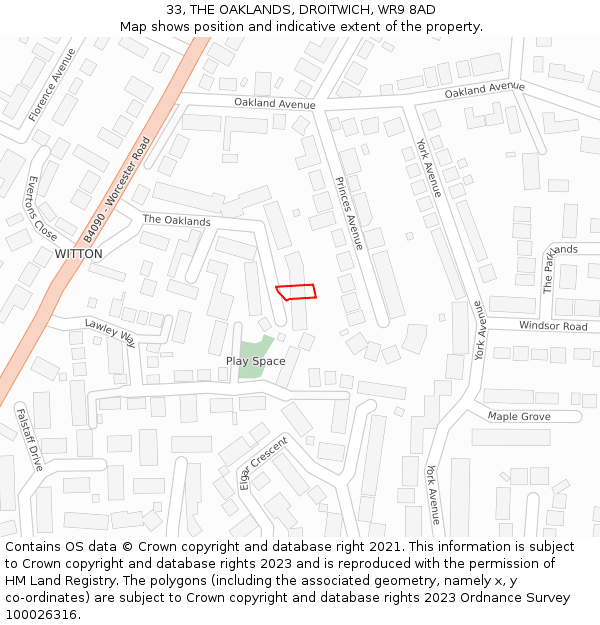 33, THE OAKLANDS, DROITWICH, WR9 8AD: Location map and indicative extent of plot