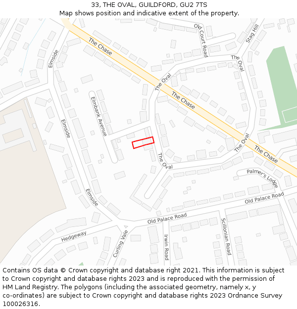 33, THE OVAL, GUILDFORD, GU2 7TS: Location map and indicative extent of plot