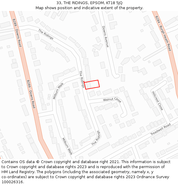 33, THE RIDINGS, EPSOM, KT18 5JQ: Location map and indicative extent of plot