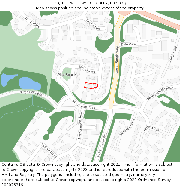 33, THE WILLOWS, CHORLEY, PR7 3RQ: Location map and indicative extent of plot