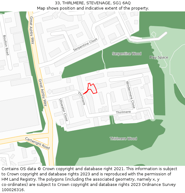 33, THIRLMERE, STEVENAGE, SG1 6AQ: Location map and indicative extent of plot