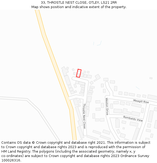 33, THROSTLE NEST CLOSE, OTLEY, LS21 2RR: Location map and indicative extent of plot