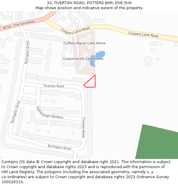 33, TIVERTON ROAD, POTTERS BAR, EN6 5HX: Location map and indicative extent of plot