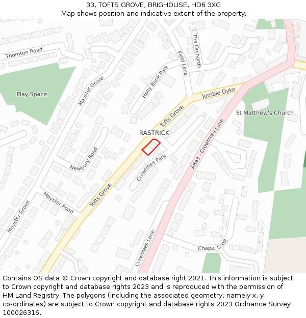 33, TOFTS GROVE, BRIGHOUSE, HD6 3XG: Location map and indicative extent of plot