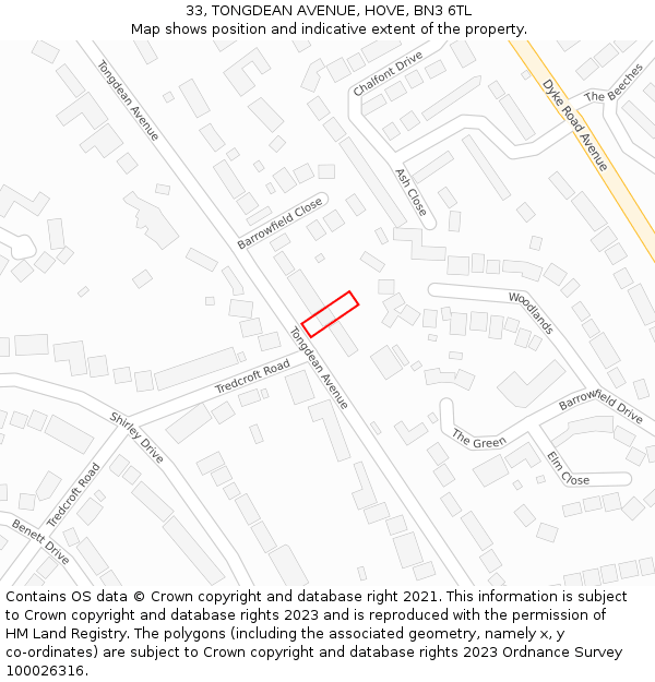 33, TONGDEAN AVENUE, HOVE, BN3 6TL: Location map and indicative extent of plot