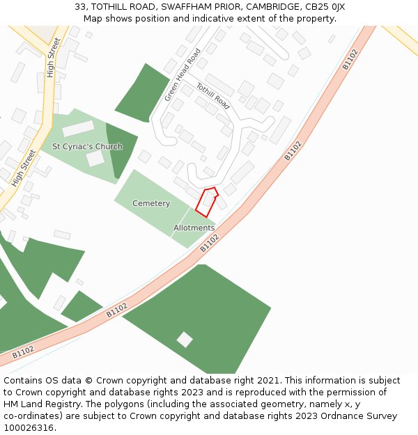 33, TOTHILL ROAD, SWAFFHAM PRIOR, CAMBRIDGE, CB25 0JX: Location map and indicative extent of plot